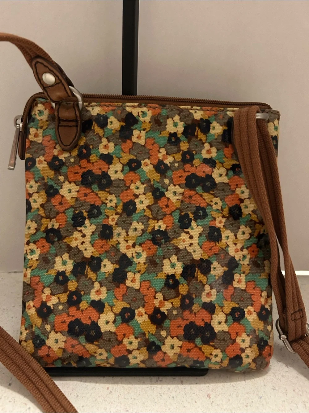 Fossil Floral Canvas Crossbody Bag - Brown, Orange, Teal